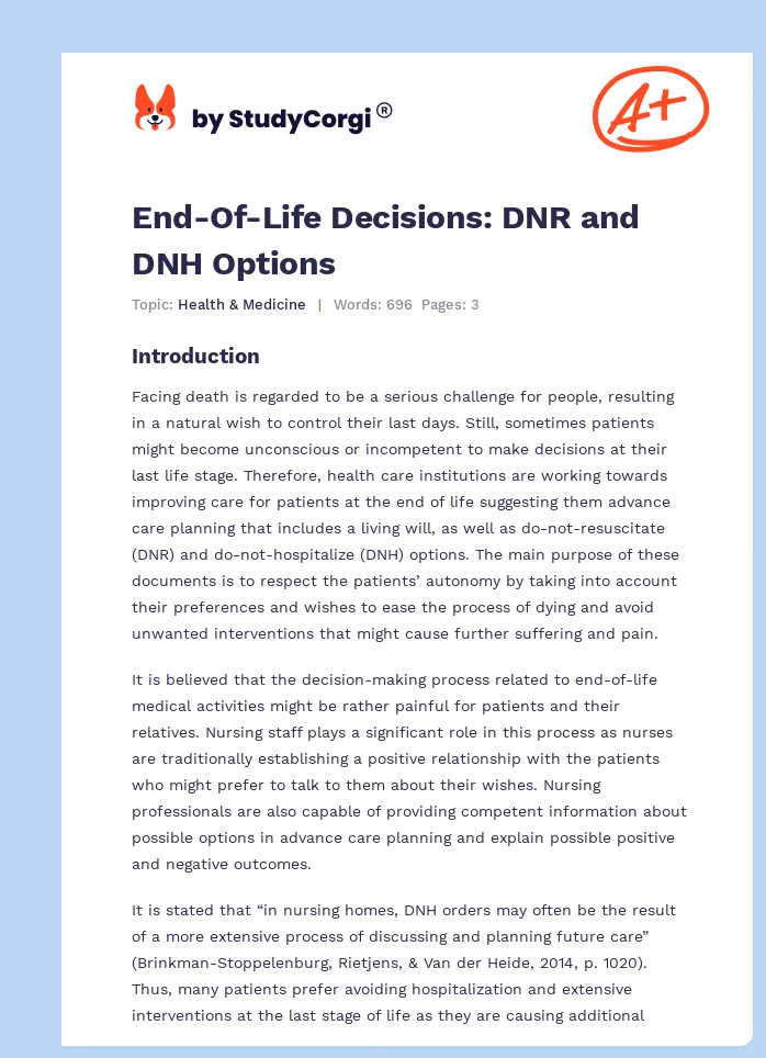 End-Of-Life Decisions: DNR and DNH Options. Page 1