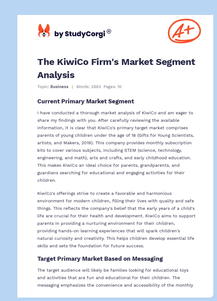 The KiwiCo Firm's Market Segment Analysis. Page 1