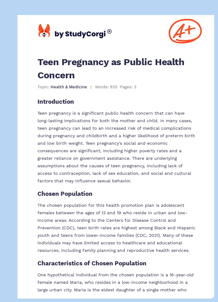 Teen Pregnancy as Public Health Concern. Page 1