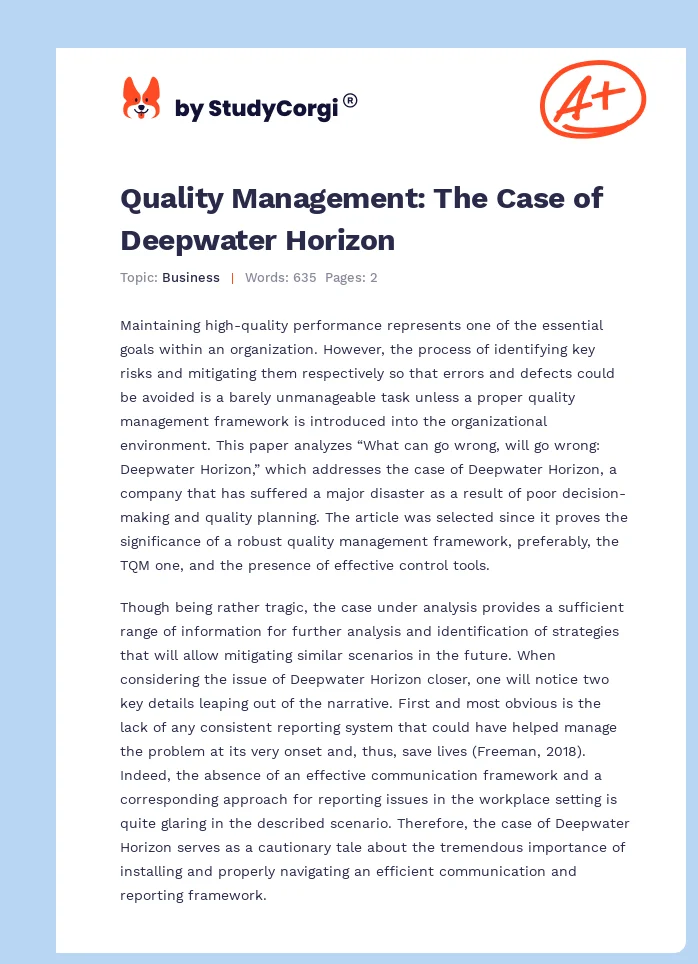 Quality Management: The Case of Deepwater Horizon. Page 1