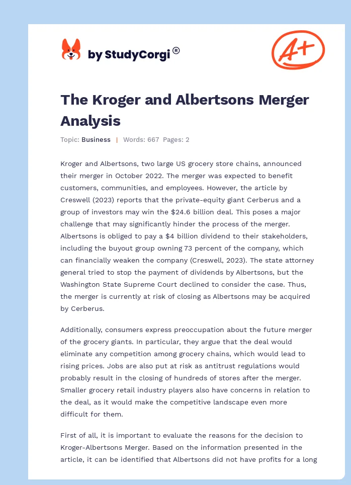 The Kroger and Albertsons Merger Analysis. Page 1