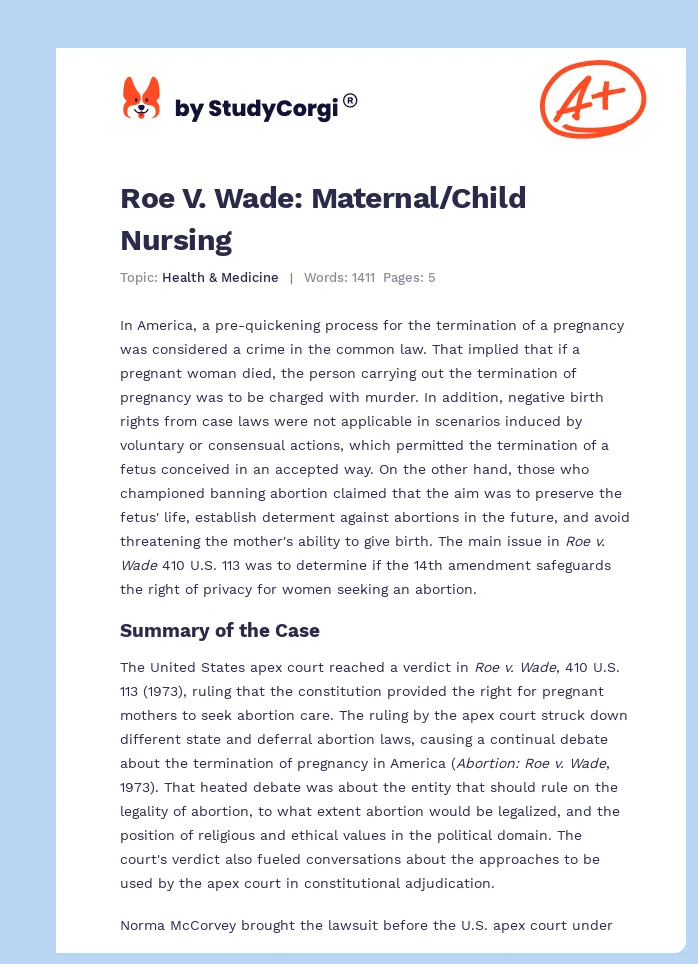 Roe v. Wade: Maternal/Child Nursing. Page 1