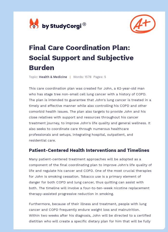Final Care Coordination Plan: Social Support and Subjective Burden. Page 1