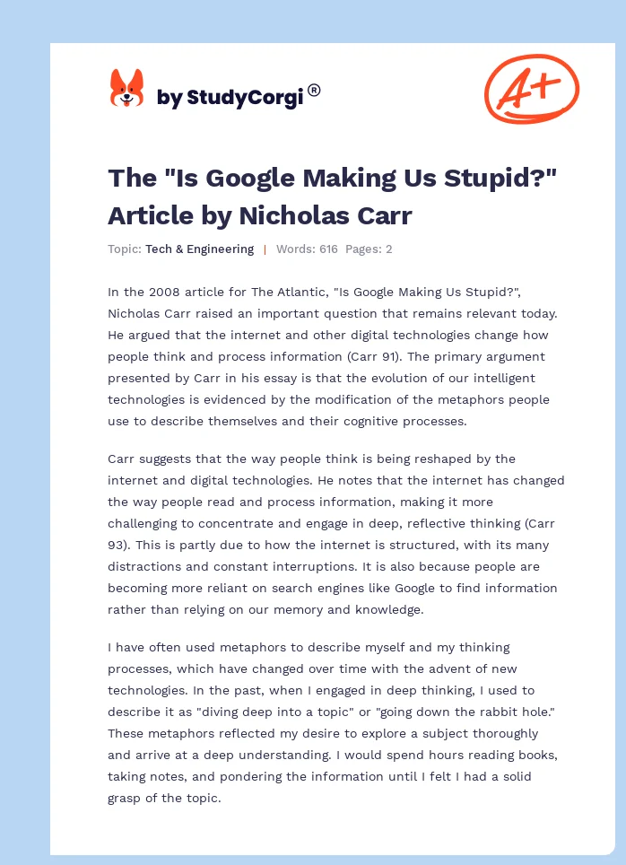 The "Is Google Making Us Stupid?" Article by Nicholas Carr. Page 1