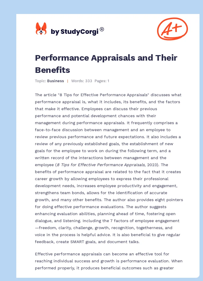 Performance Appraisals and Their Benefits. Page 1