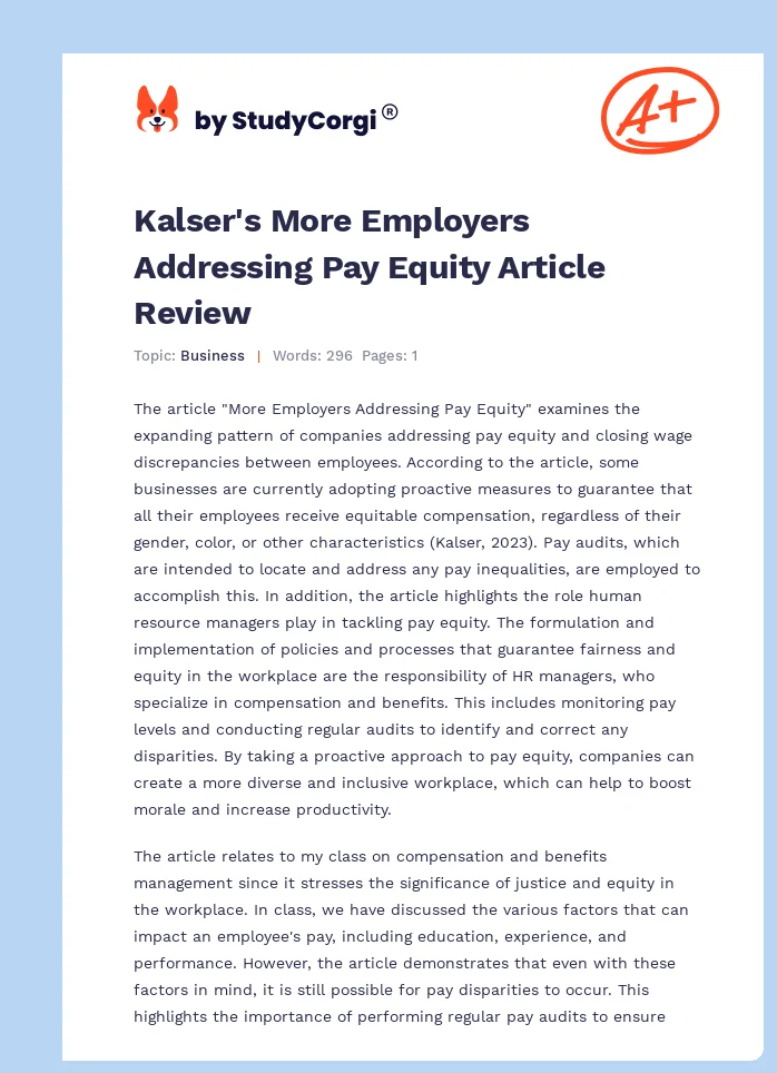 Kalser's More Employers Addressing Pay Equity Article Review. Page 1