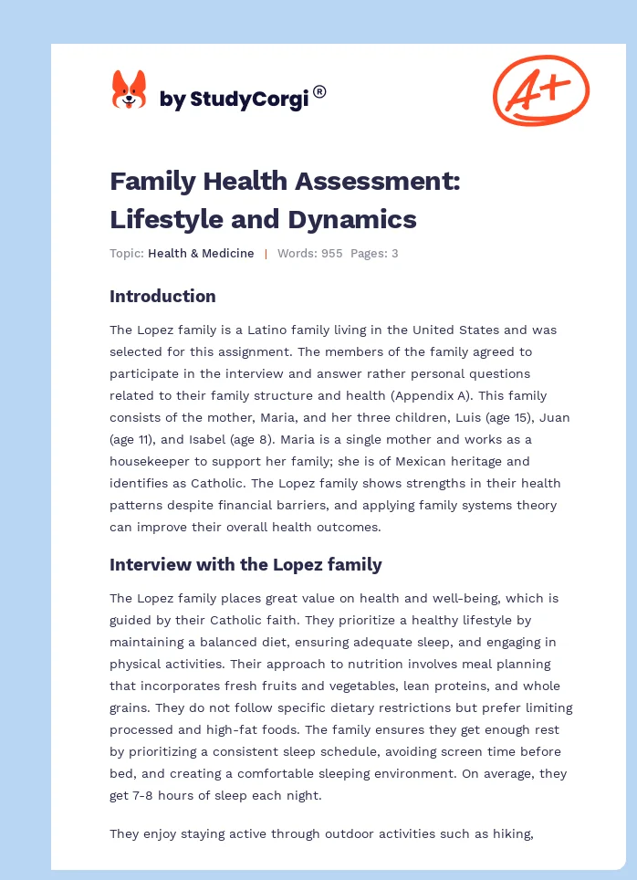 Family Health Assessment: Lifestyle and Dynamics. Page 1