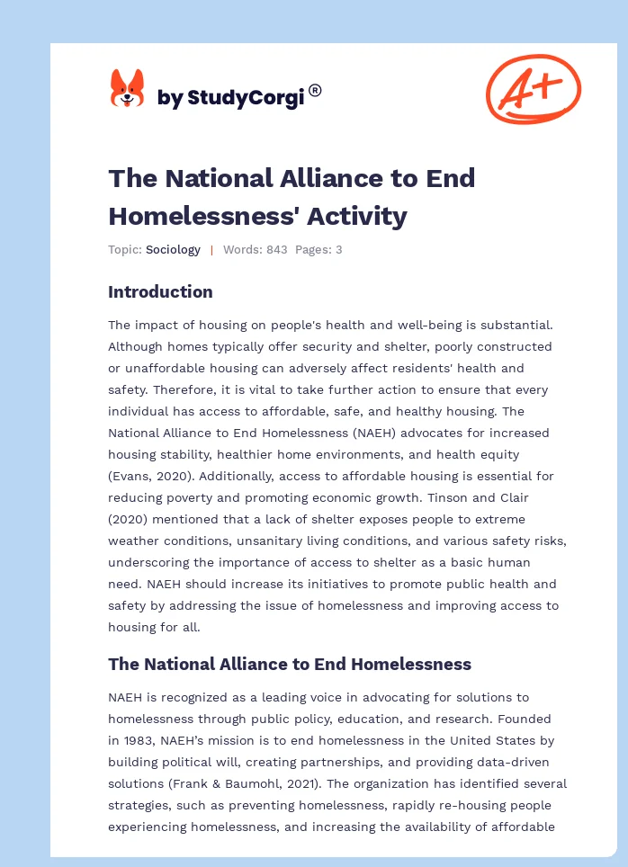 The National Alliance to End Homelessness' Activity. Page 1