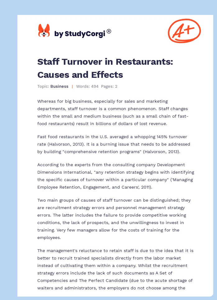 Staff Turnover in Restaurants: Causes and Effects. Page 1