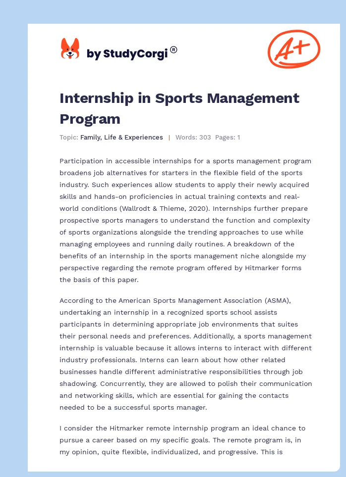 Internship in Sports Management Program. Page 1