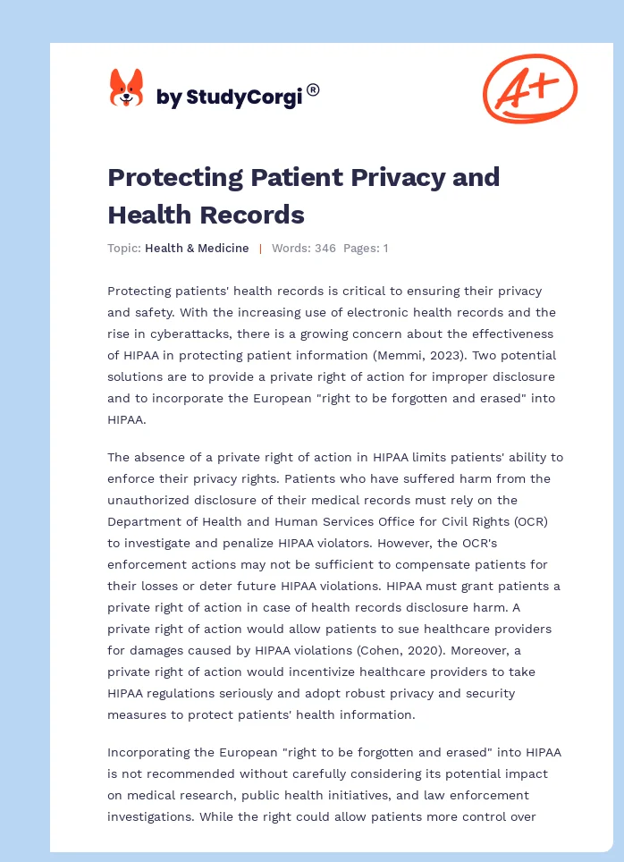 Protecting Patient Privacy and Health Records. Page 1