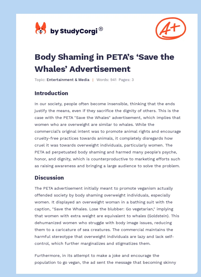 Body Shaming in PETA’s ‘Save the Whales’ Advertisement. Page 1