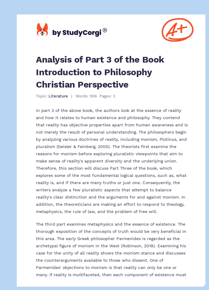 Analysis of Part 3 of the Book Introduction to Philosophy Christian Perspective. Page 1