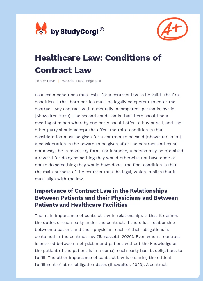 Healthcare Law: Conditions of Contract Law. Page 1