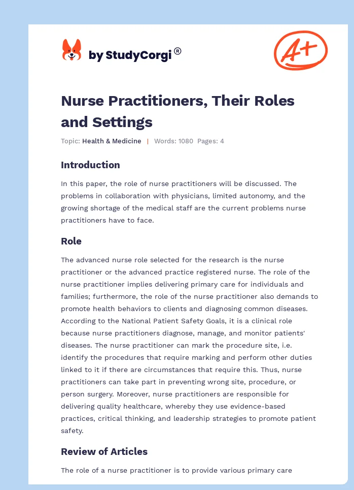 Nurse Practitioners, Their Roles and Settings. Page 1