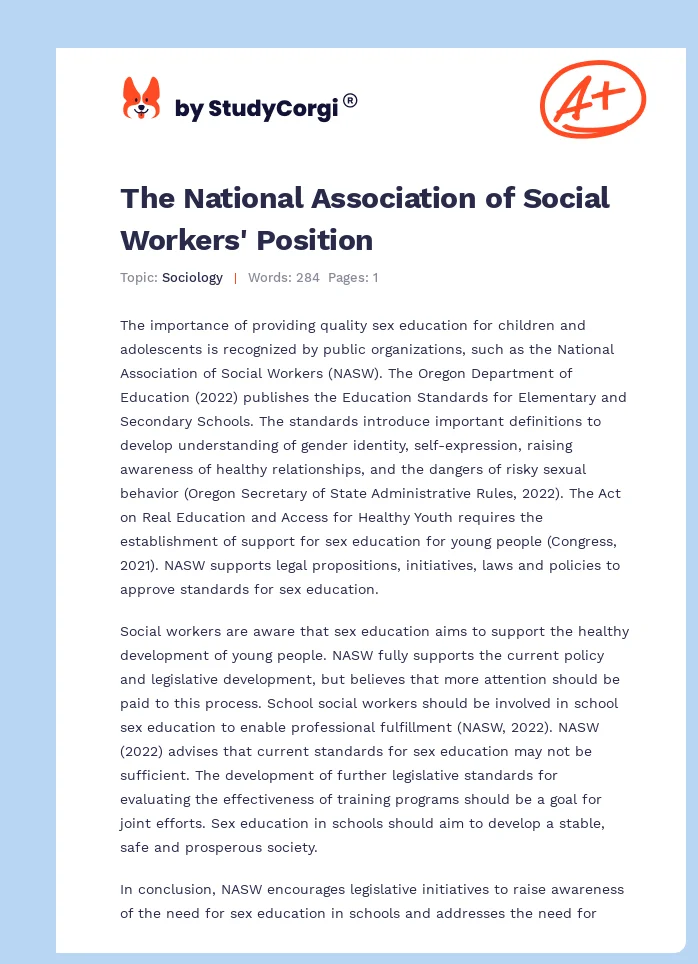 The National Association of Social Workers' Position. Page 1