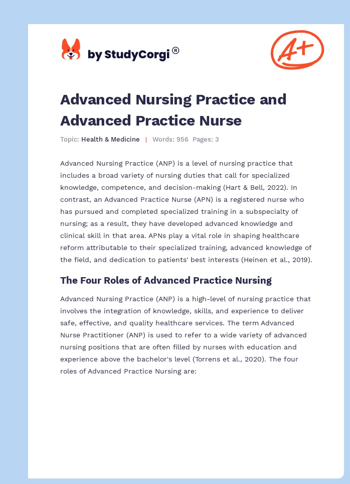 Advanced Nursing Practice and Advanced Practice Nurse. Page 1