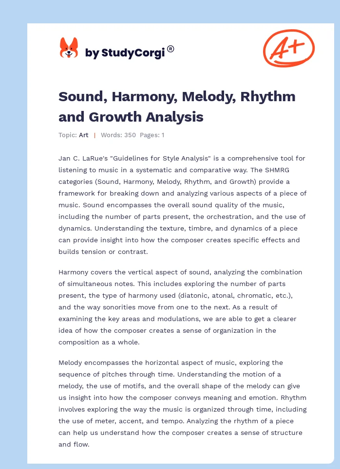 Sound, Harmony, Melody, Rhythm and Growth Analysis. Page 1