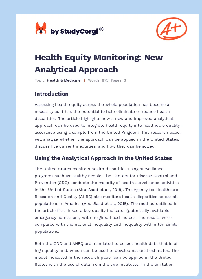 Health Equity Monitoring: New Analytical Approach. Page 1