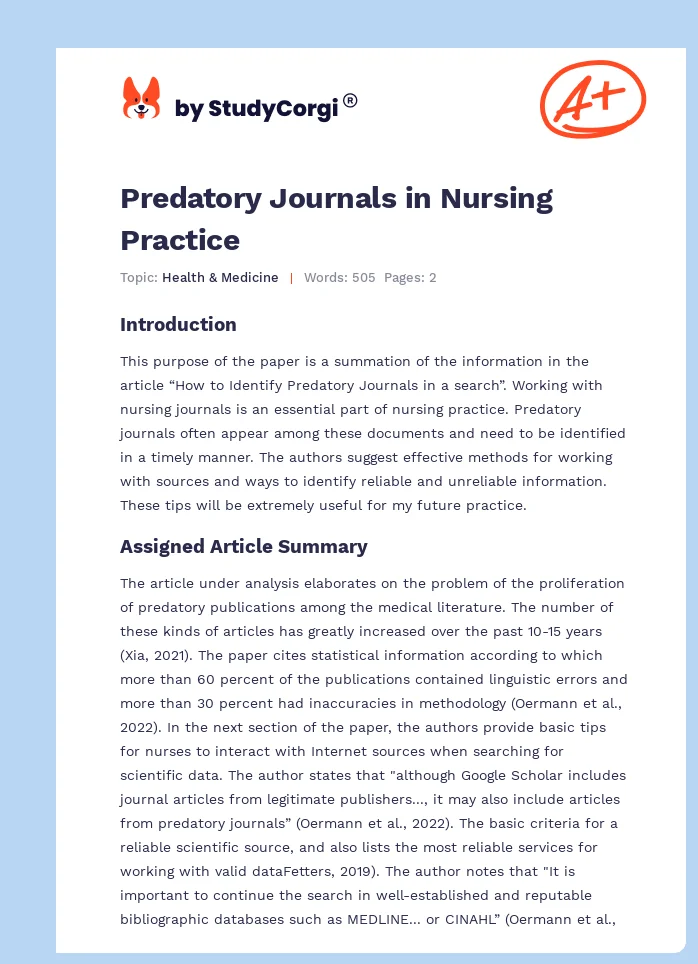 Predatory Journals in Nursing Practice. Page 1