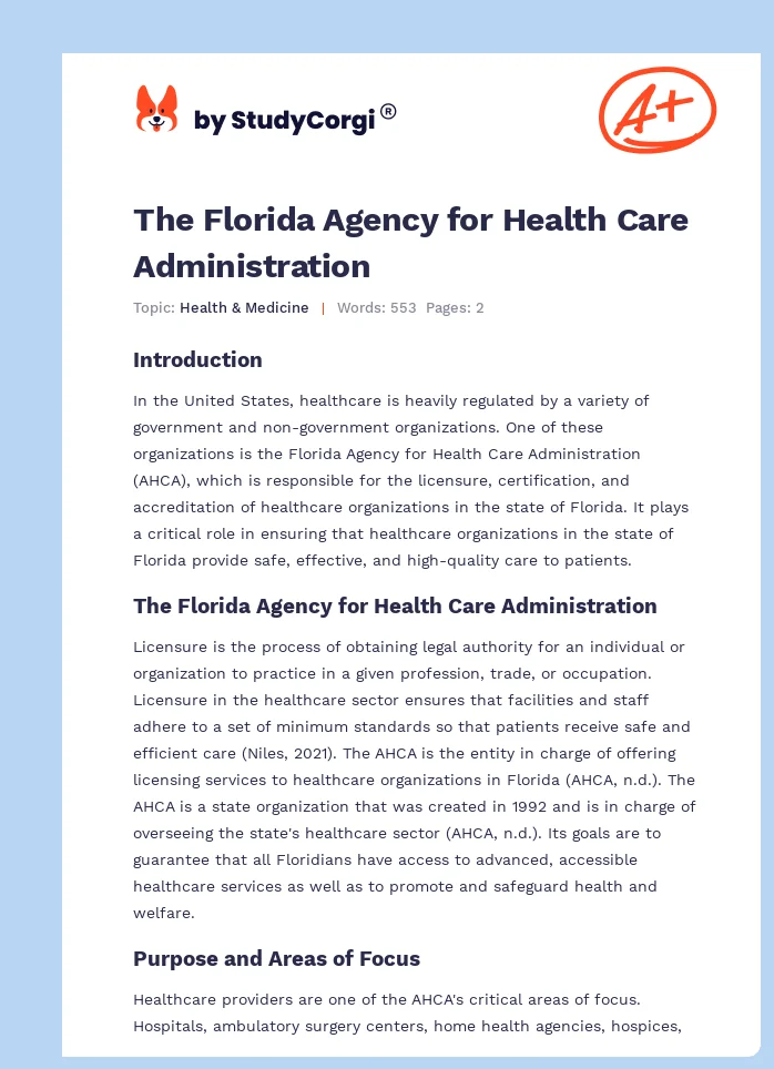The Florida Agency for Health Care Administration. Page 1