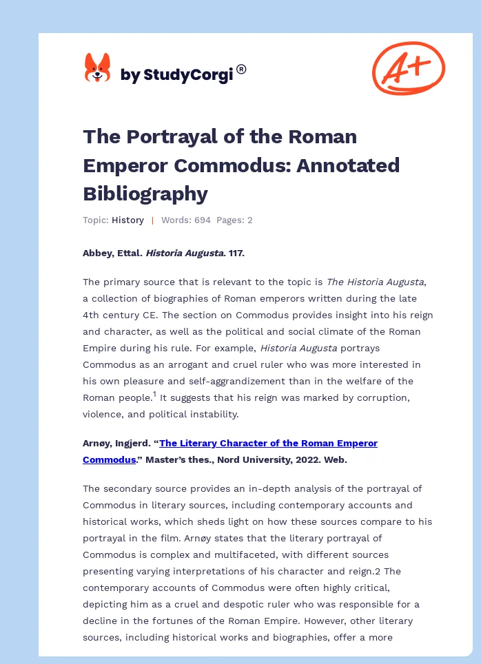 The Portrayal of the Roman Emperor Commodus: Annotated Bibliography. Page 1
