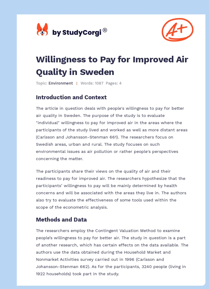 Willingness to Pay for Improved Air Quality in Sweden. Page 1