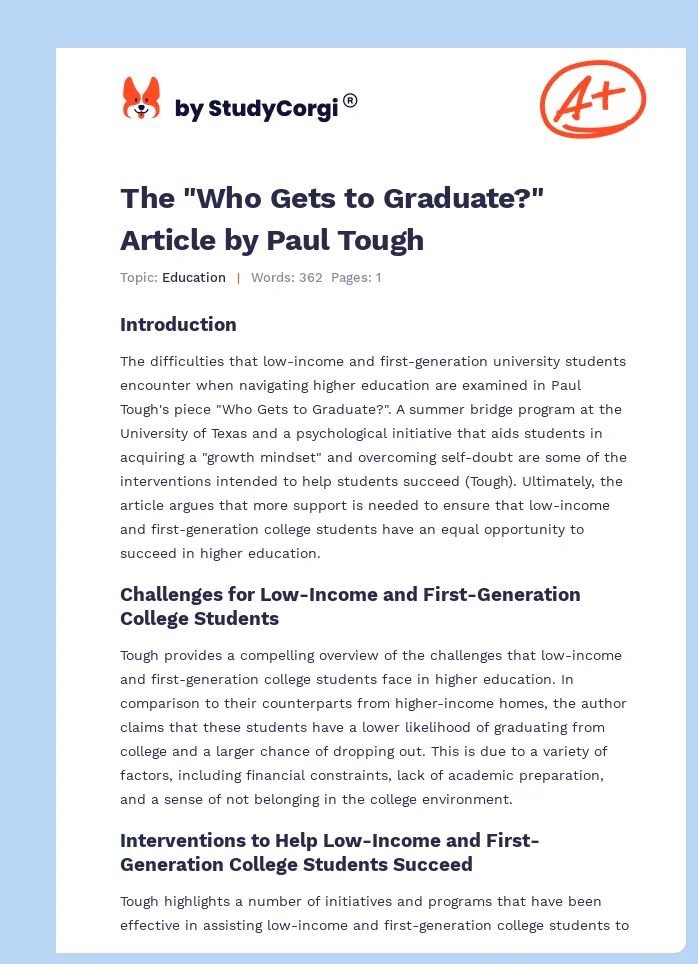 The "Who Gets to Graduate?" Article by Paul Tough. Page 1