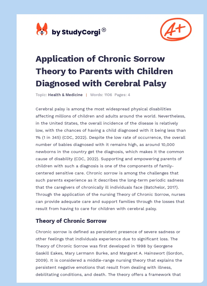 Application of Chronic Sorrow Theory to Parents with Children Diagnosed with Cerebral Palsy. Page 1