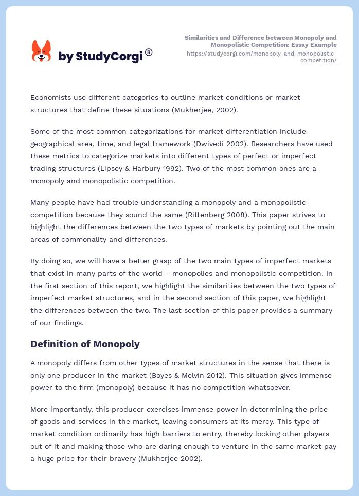 Similarities and Difference between Monopoly and Monopolistic Competition: Essay Example. Page 2
