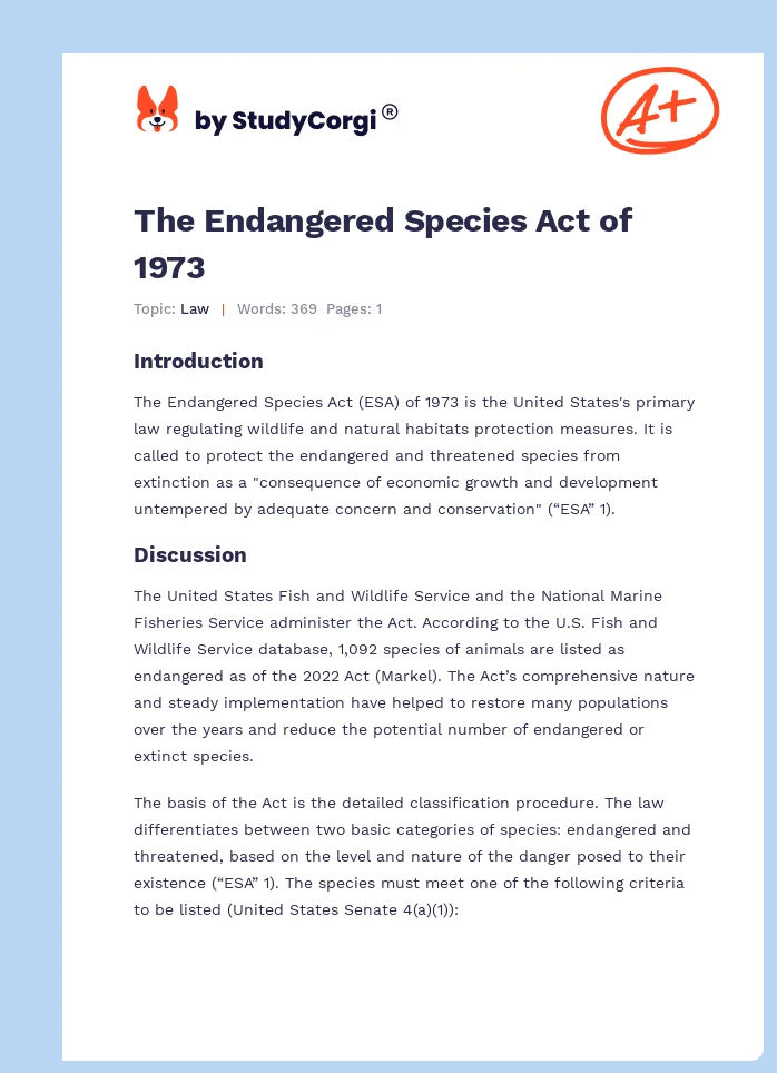 The Endangered Species Act of 1973. Page 1