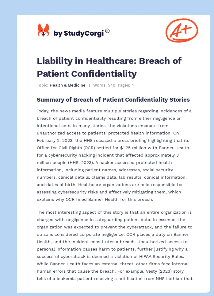 Liability in Healthcare: Breach of Patient Confidentiality. Page 1