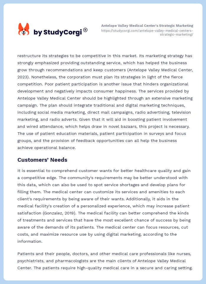 Antelope Valley Medical Center's Strategic Marketing. Page 2