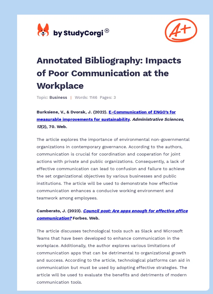 Annotated Bibliography: Impacts of Poor Communication at the Workplace. Page 1
