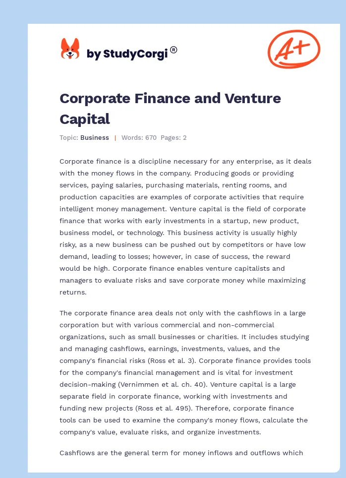 Corporate Finance and Venture Capital. Page 1