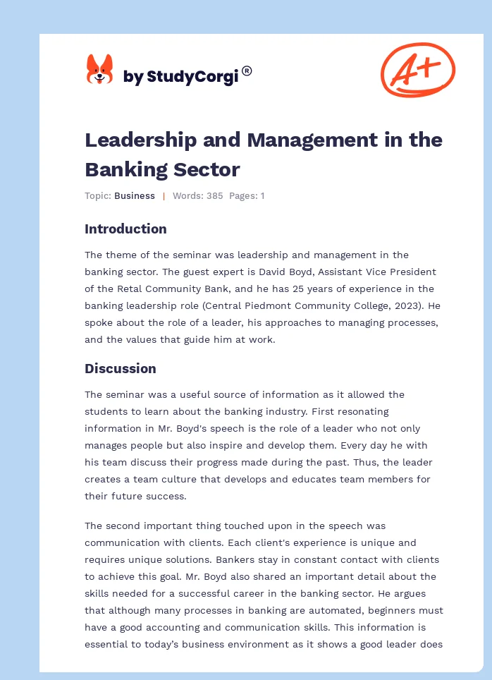 Leadership and Management in the Banking Sector. Page 1