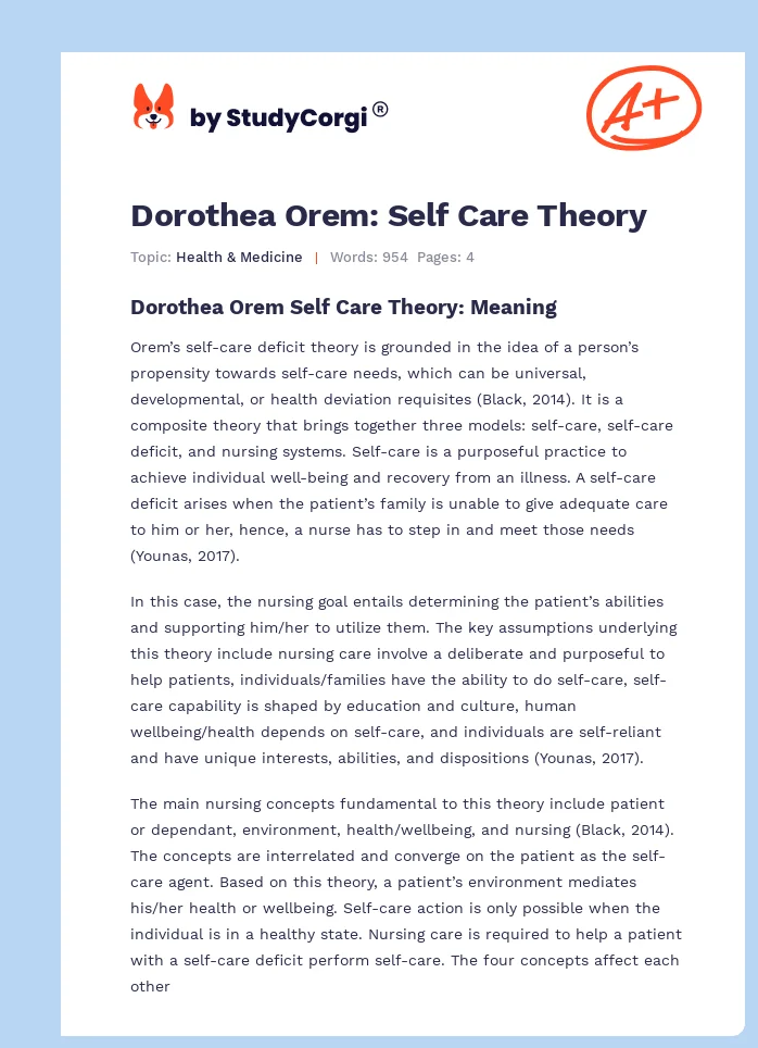 Dorothea Orem: Self Care Theory. Page 1