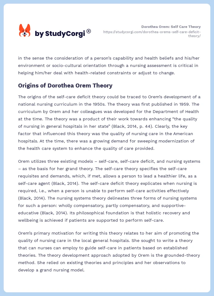 Dorothea Orem: Self Care Theory. Page 2