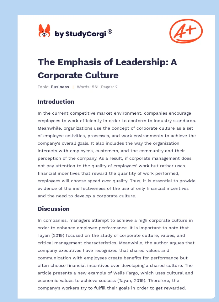 The Emphasis of Leadership: A Corporate Culture. Page 1