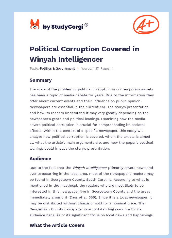 Political Corruption Covered in Winyah Intelligencer. Page 1