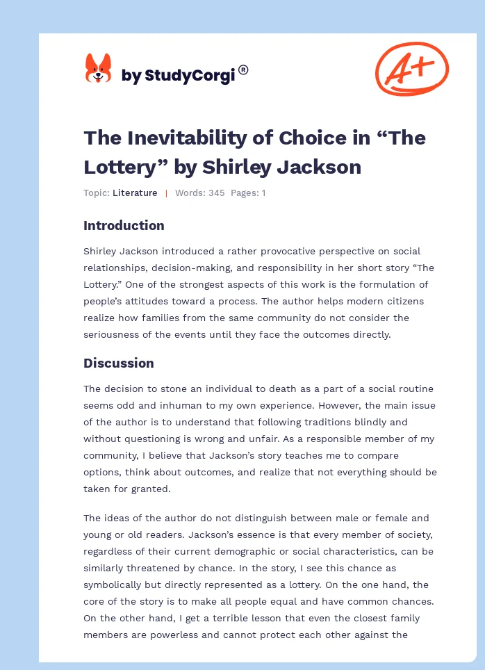 The Inevitability of Choice in “The Lottery” by Shirley Jackson. Page 1