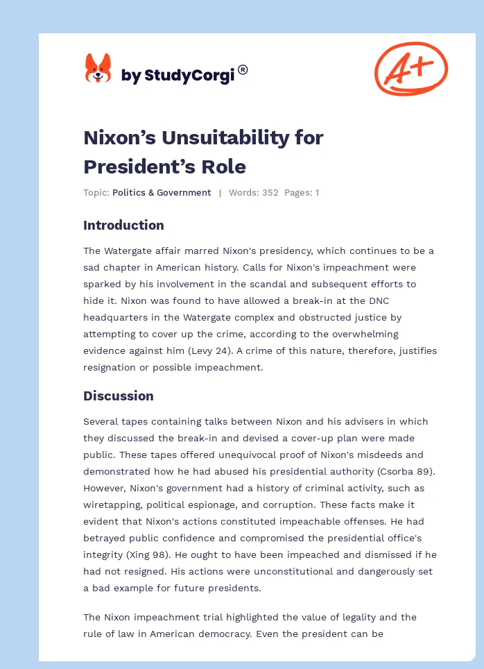 Nixon’s Unsuitability for President’s Role. Page 1