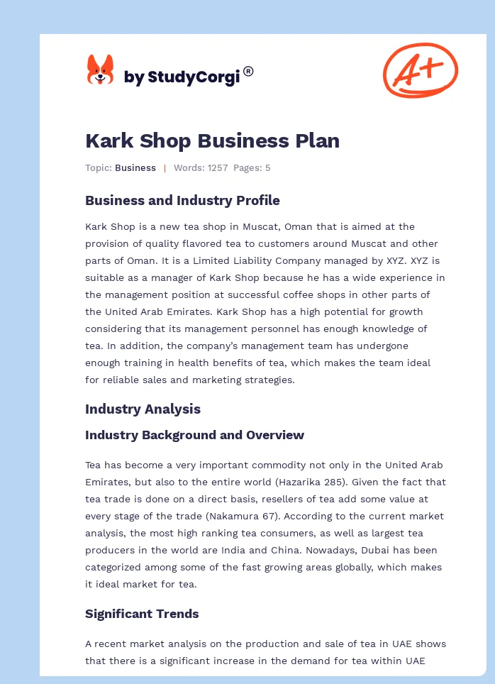 Kark Shop Business Plan. Page 1