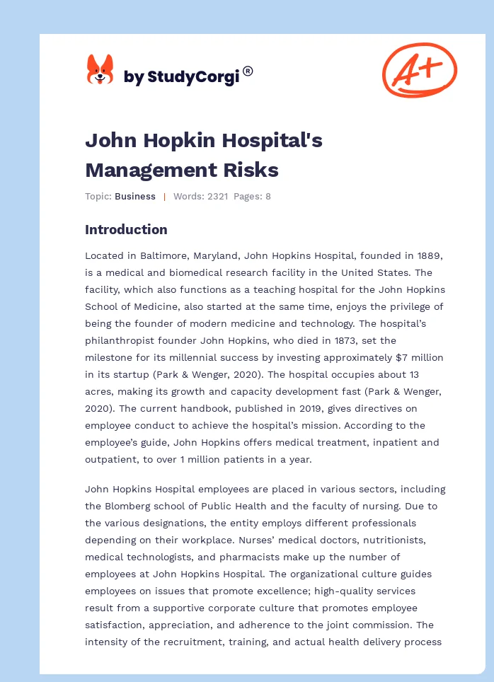John Hopkin Hospital's Management Risks. Page 1