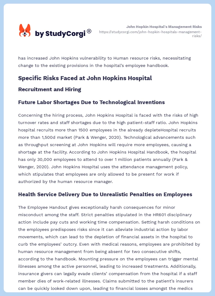 John Hopkin Hospital's Management Risks. Page 2