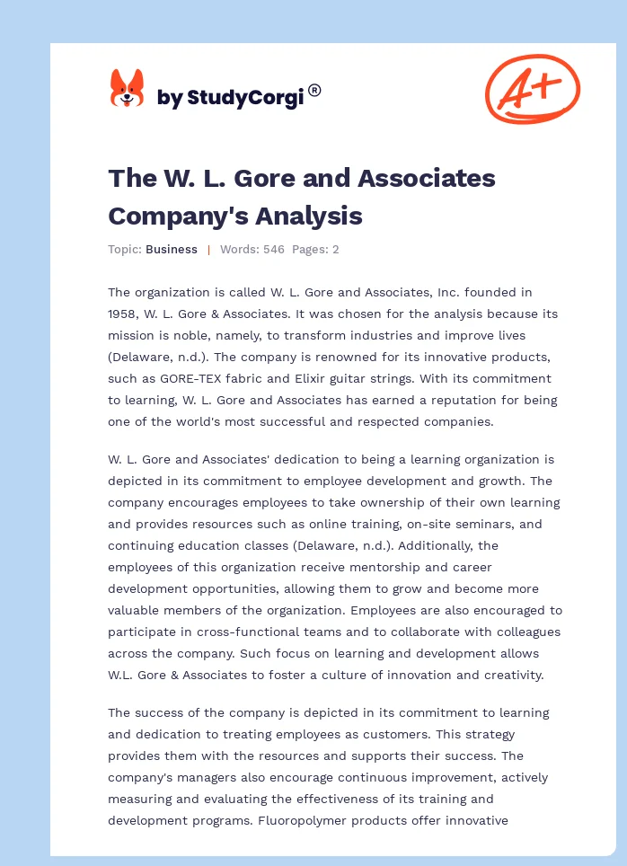 The W. L. Gore and Associates Company's Analysis. Page 1