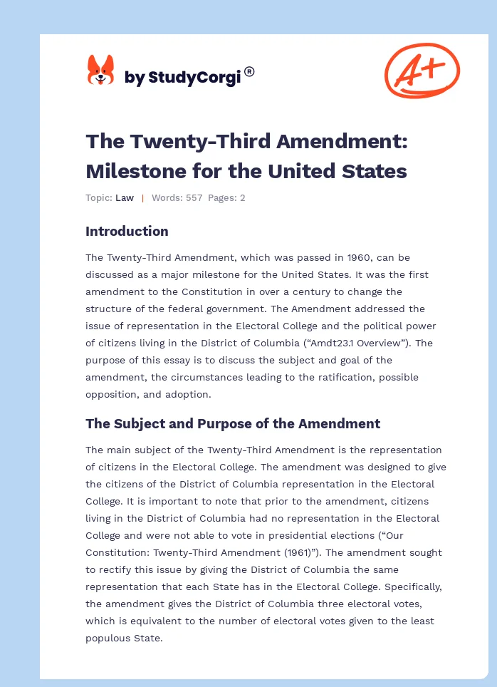 The Twenty-Third Amendment: Milestone for the United States. Page 1