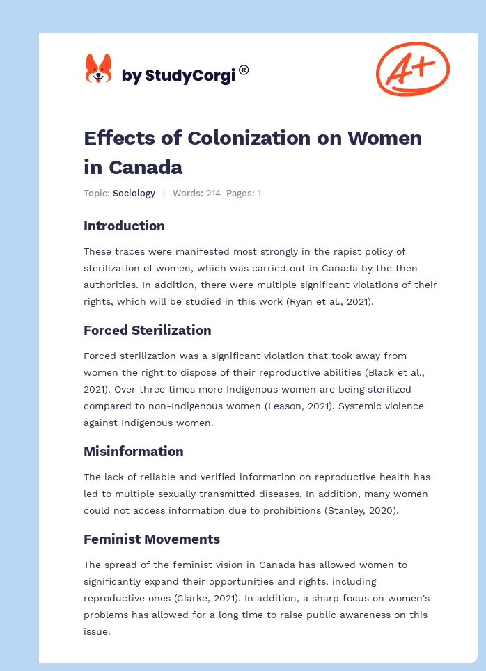 Effects of Colonization on Women in Canada. Page 1