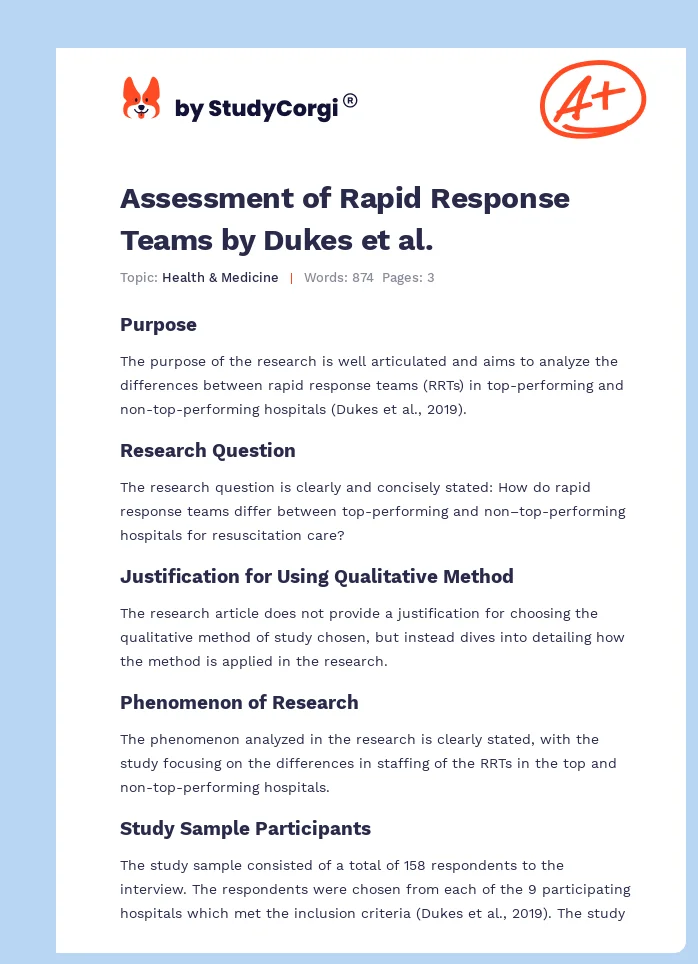Assessment of Rapid Response Teams by Dukes et al.. Page 1