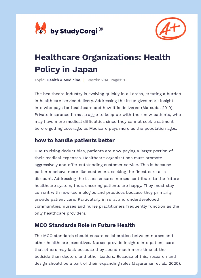 Healthcare Organizations: Health Policy in Japan. Page 1